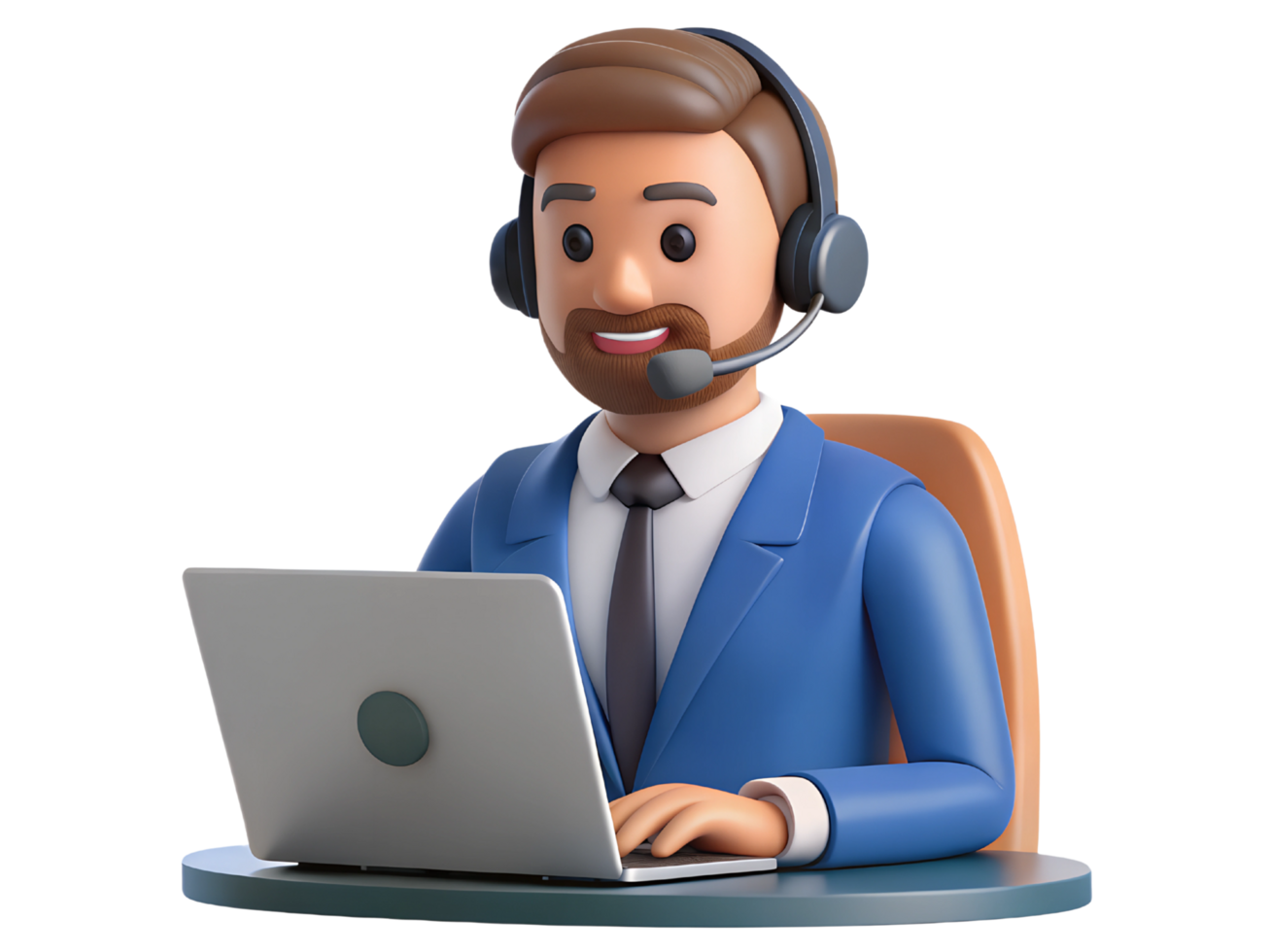 3D Cartoon Customer Service Representative with Headset and Blue Suit in Office Setting on Transparent Background png