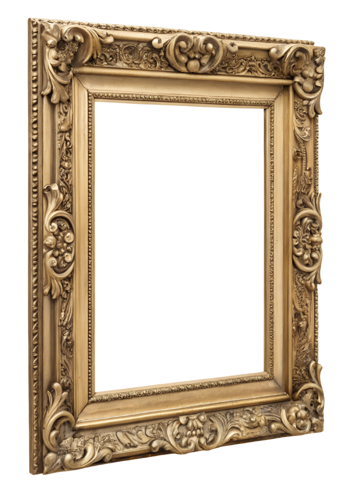 Ornate Gold Baroque Picture Frame with Intricate Floral Carvings and Gilded Finish on Transparent Background png