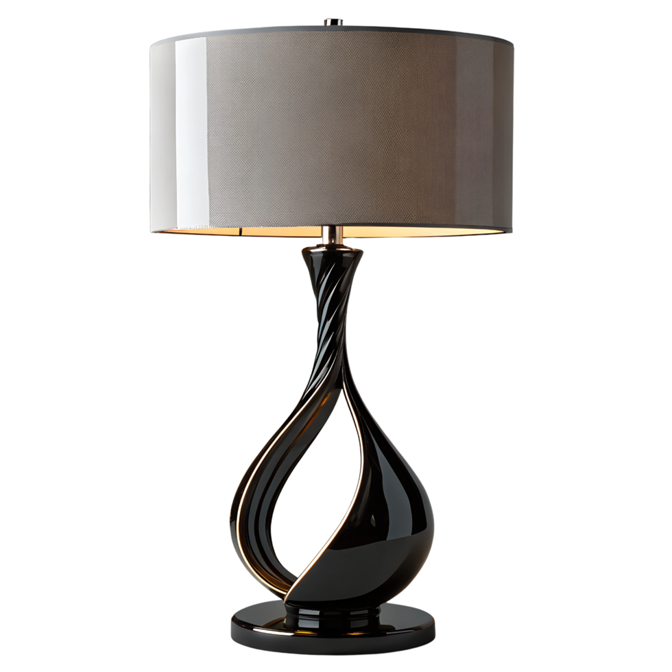 Elegant Table Lamp with Curved Black Glossy Base and Large Gray Fabric Drum Shade png