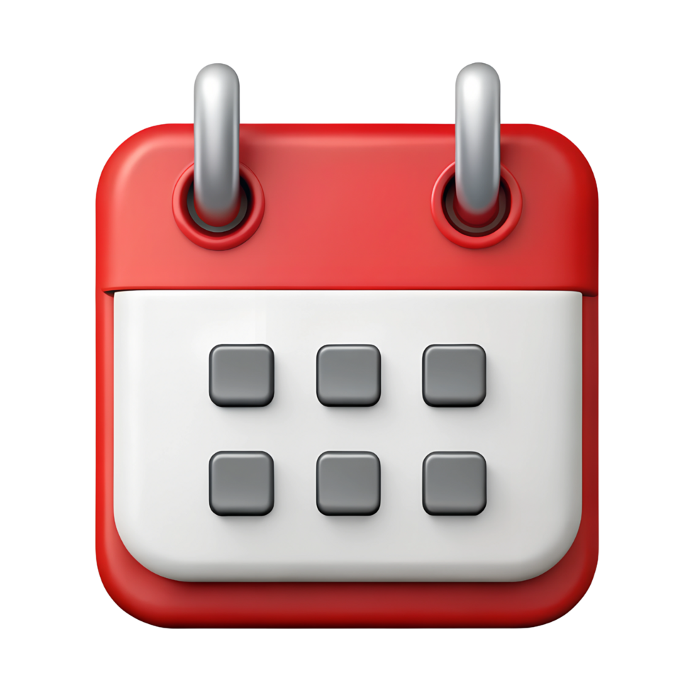 Calendar Icon Red Top White Bottom 3D Render with Gray Squares and Metallic Rings png