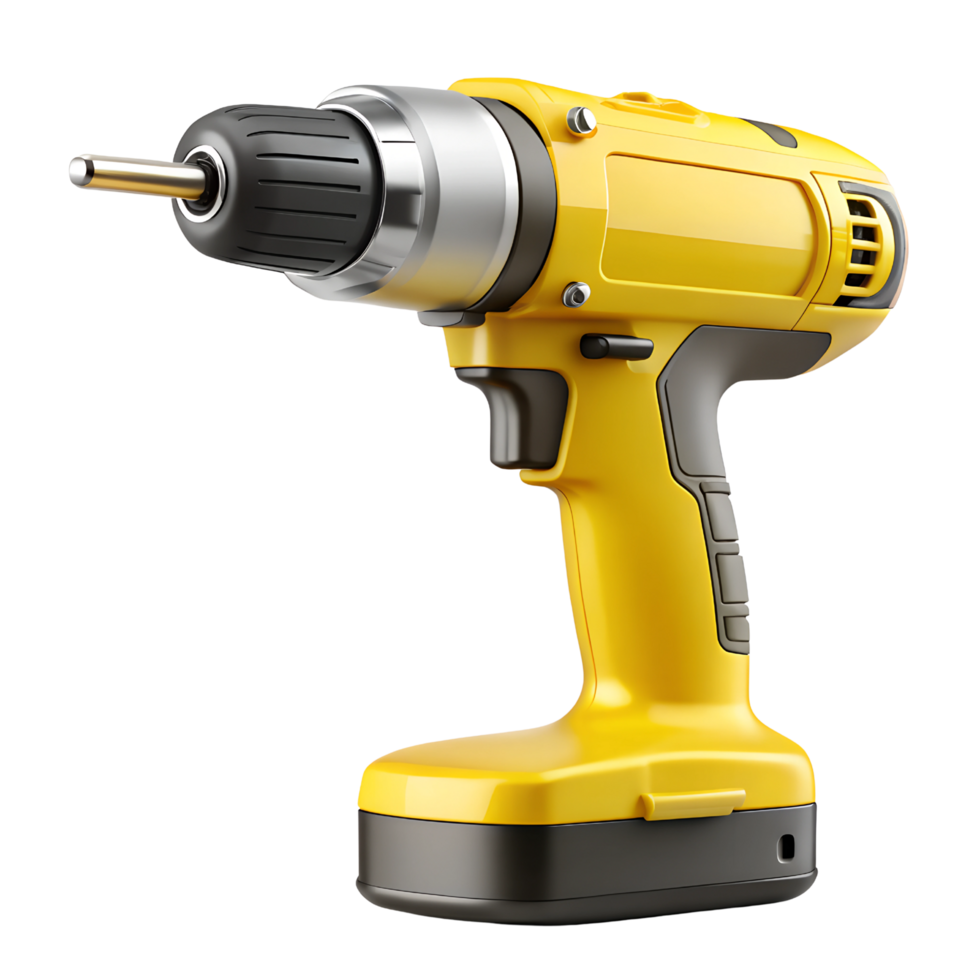 Realistic Yellow Cordless Power Drill with Black Accents and Silver Chuck 3D Render on Transparent Background png