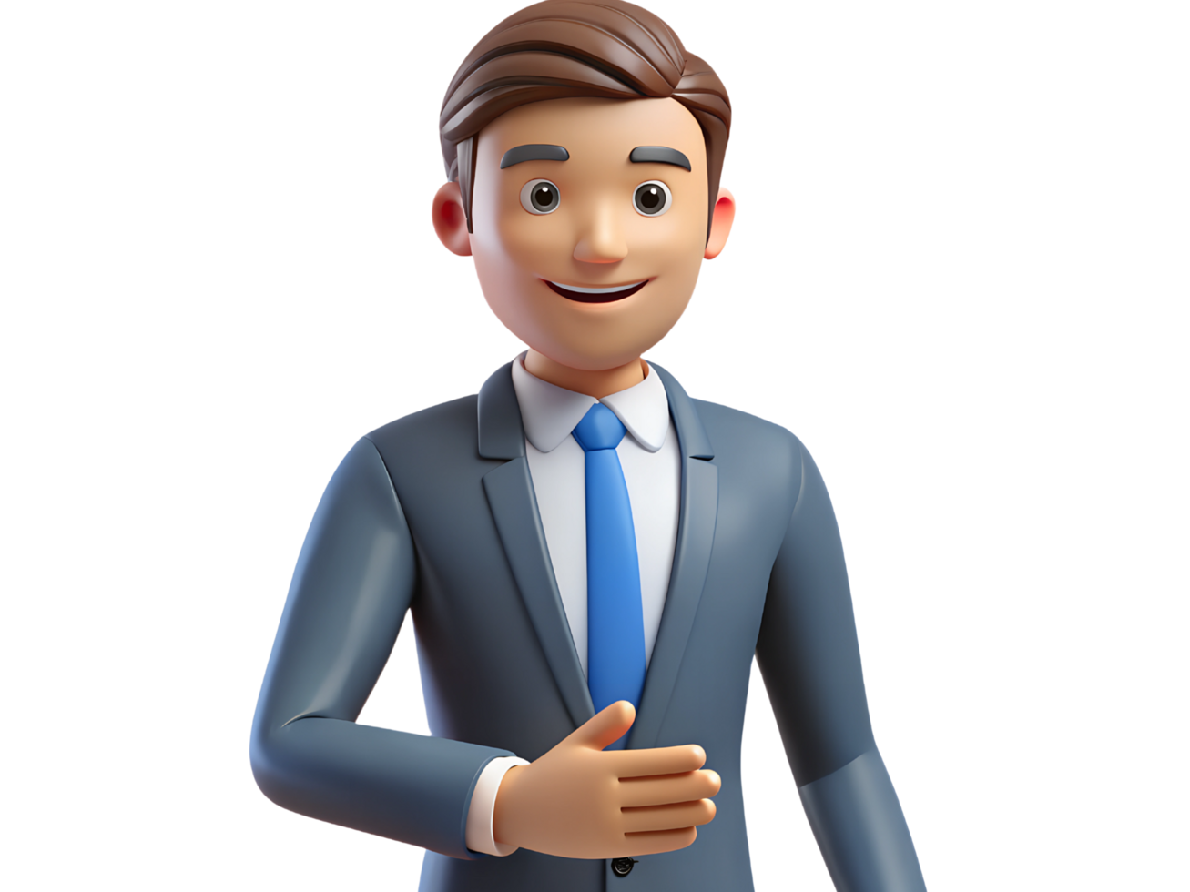 3D Cartoon Businessman in Grey Suit with Blue Tie and Confident Pose on Transparent Background png