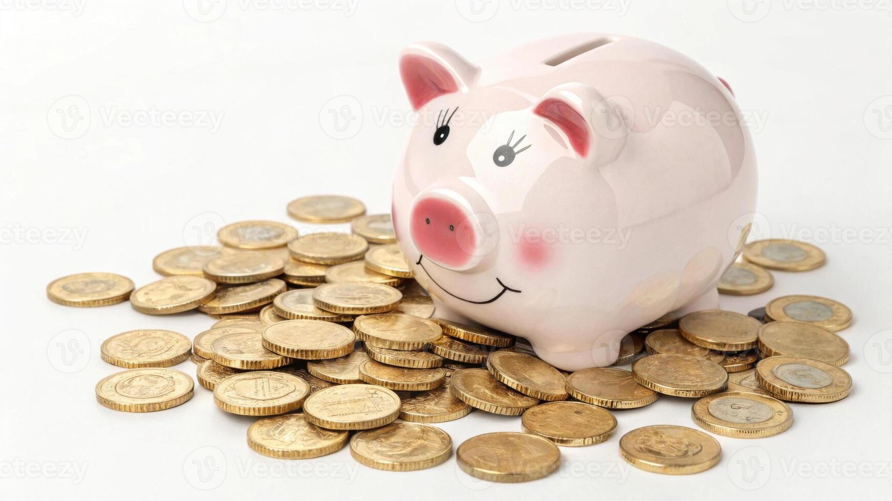 pink piggy bank surrounded by gold coins symbolizes savings and financial growth. cheerful expression on piggy bank adds playful touch to concept of money management photo