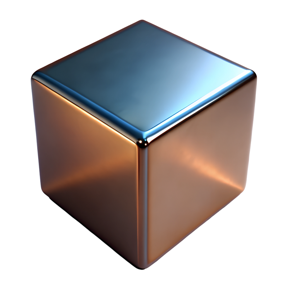Metallic Cube with Bronze and Blue Color Gradient 3D Render on Transparent Background png