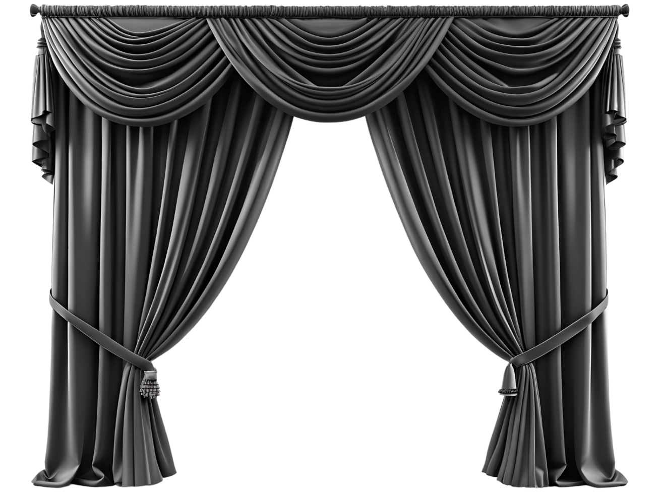 Elegant Gray Curtains with Luxurious Drapes and Ornate Valance in Charcoal Satin png