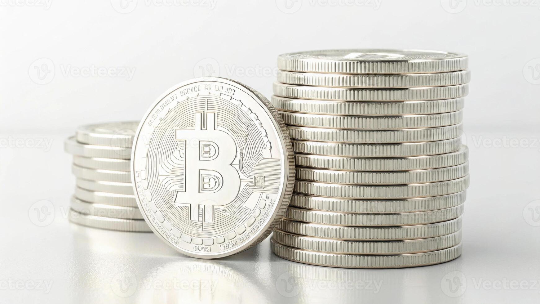 stack of shiny silver coins featuring Bitcoin symbol, representing digital currency and investment opportunities. coins are neatly arranged, reflecting light on smooth surface photo