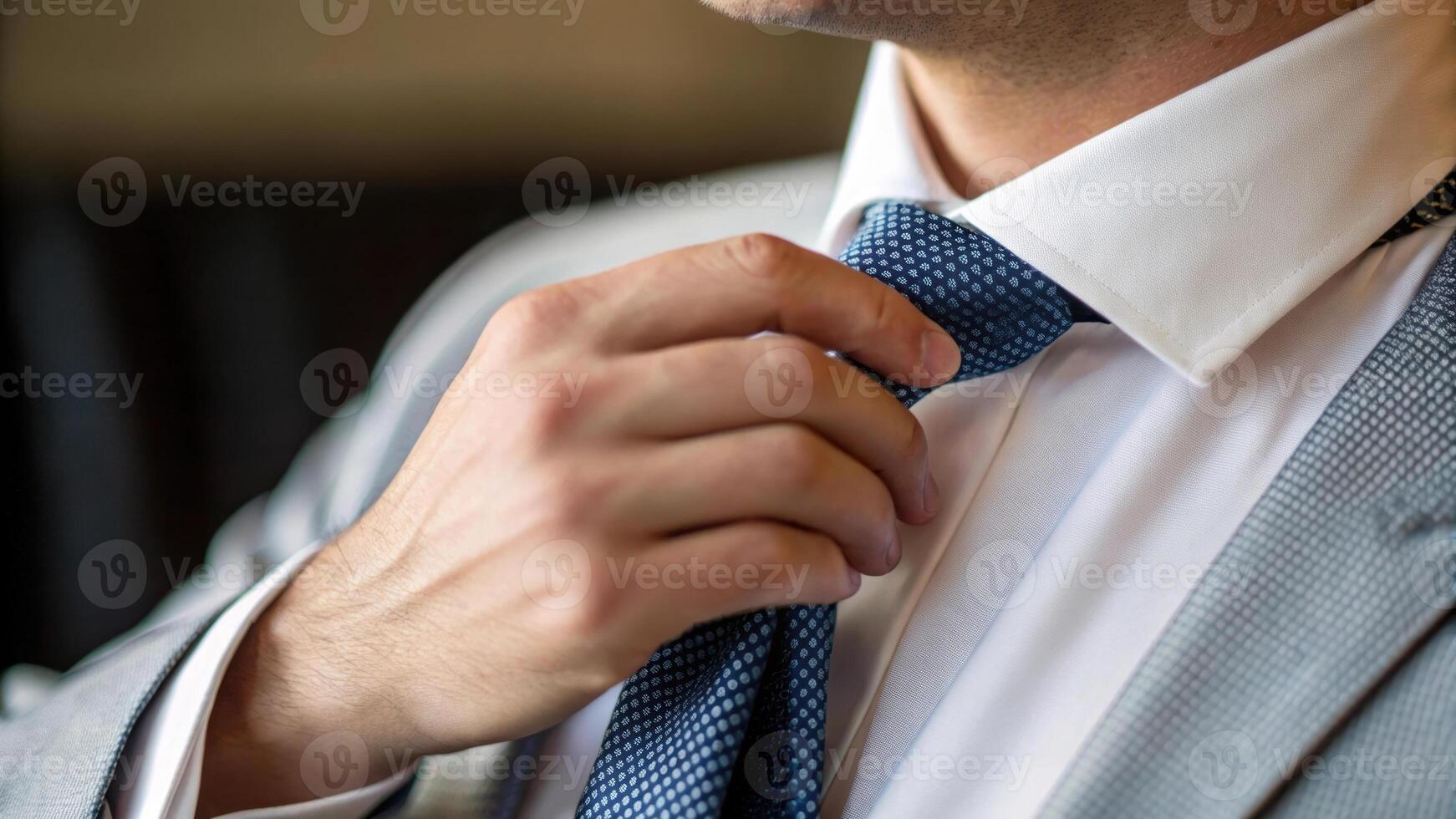 man in gray suit adjusts his blue silk tie, preparing for important meeting. focus is on hand and tie, highlighting attention to detail and professionalism photo