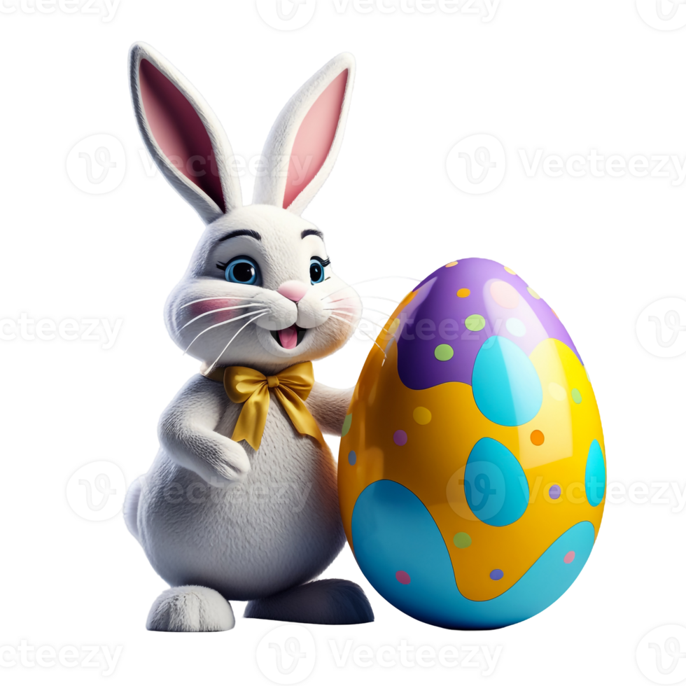 A white rabbit holding an easter egg with a large purple and yellow egg png