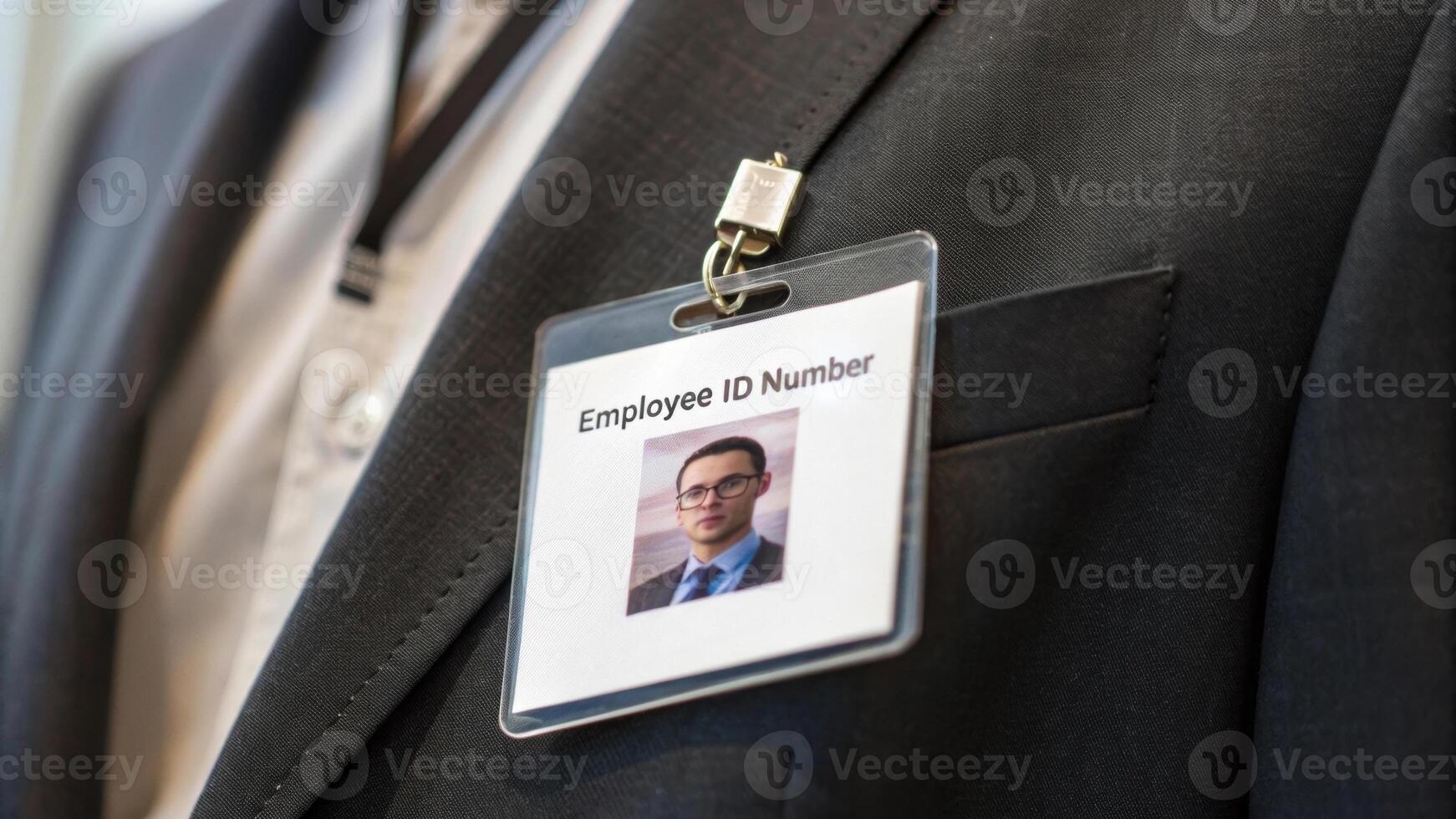 employee ID badge clipped onto formal suit jacket, displaying photo and ID number, represents professional identification in corporate setting