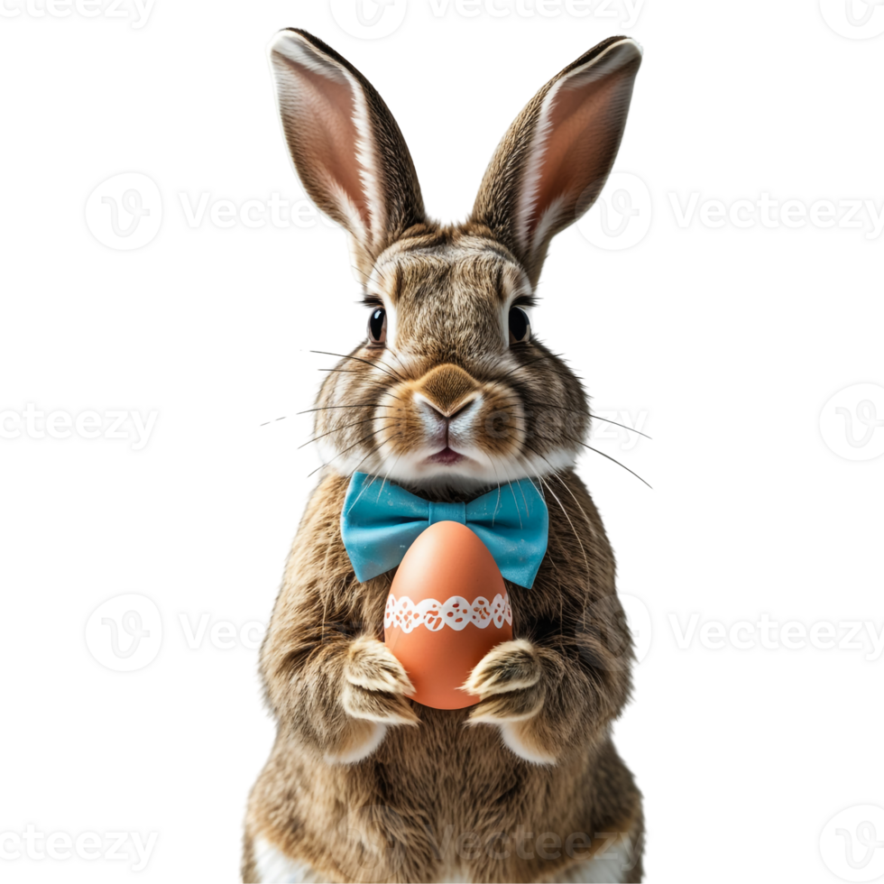 A brown rabbit with a bow tie holding an egg png