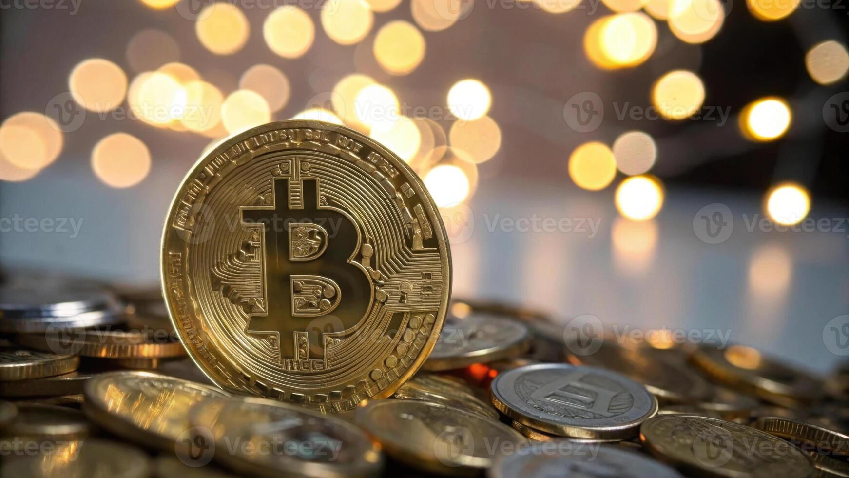 close up of golden coin with prominent B symbol stands tall among other coins, with blurred background of warm lights creating festive atmosphere photo
