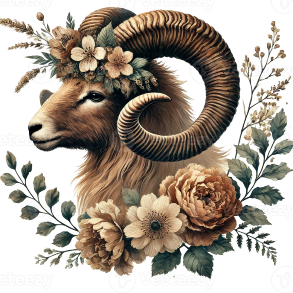 A ram with flowers and leaves in its head png