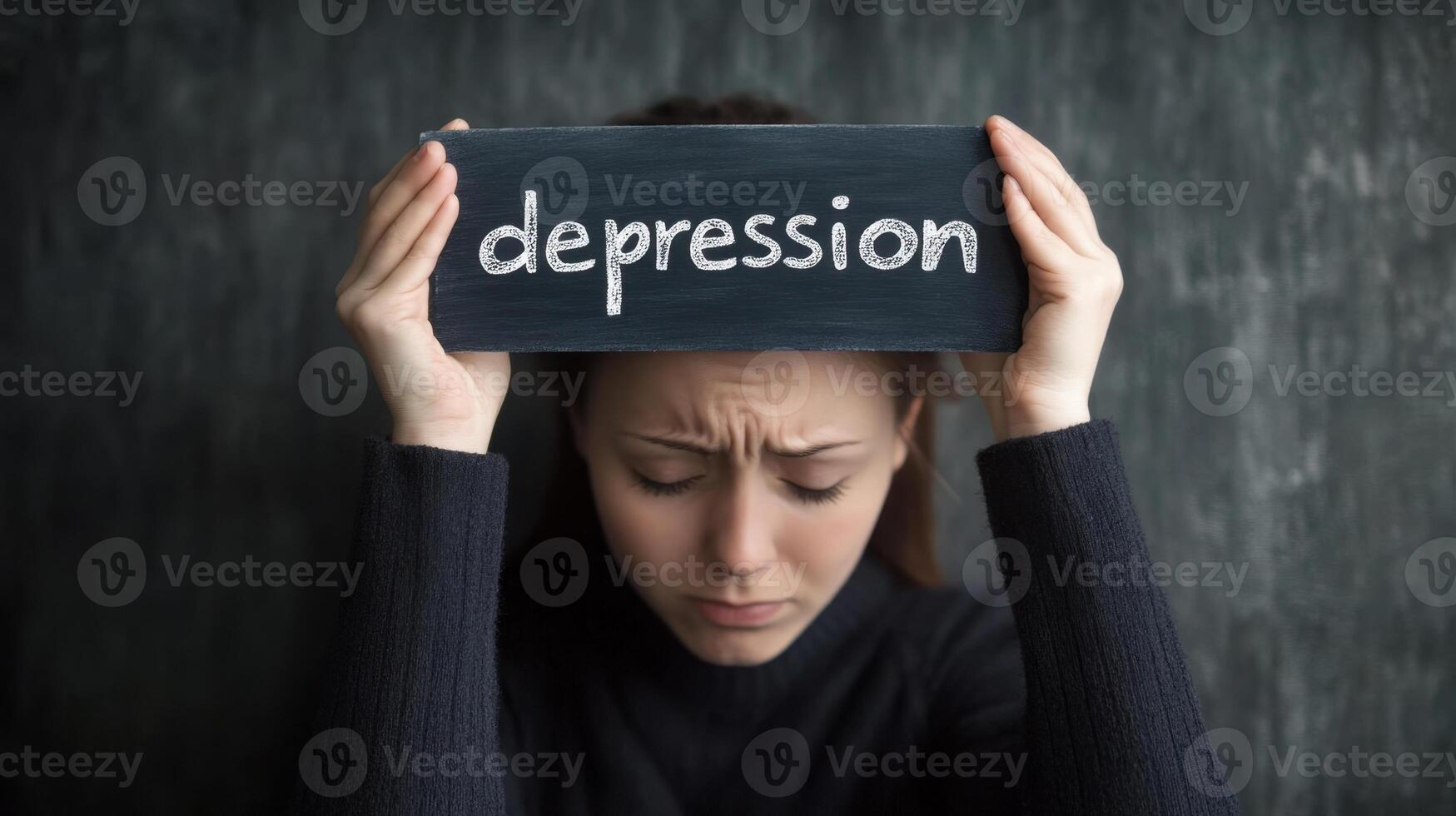 woman holds chalkboard with word depression written on it, expressing somber mood. background is dark, emphasizing serious tone of image photo