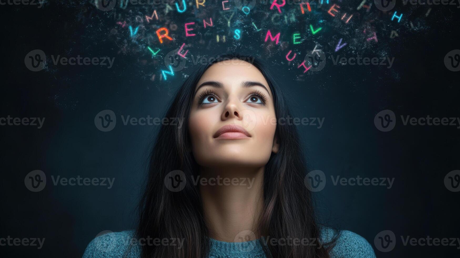 woman gazes upward, surrounded by floating, glowing letters in dark, mysterious atmosphere. Her expression is thoughtful and serene, suggesting contemplation and creativity photo