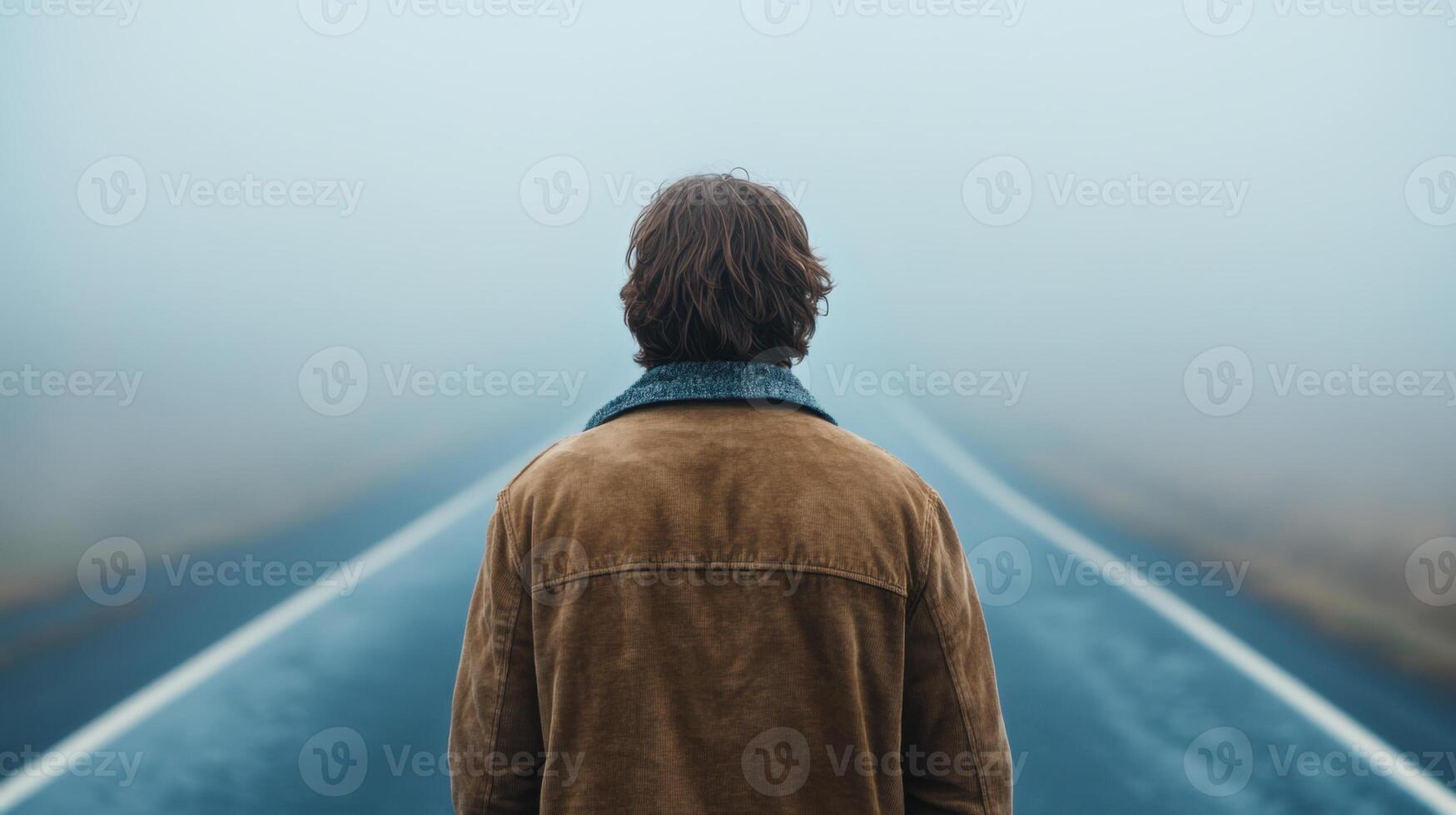 man stands alone on foggy road, his back turned, creating sense of solitude and mystery. endless road disappears into mist, evoking feelings of introspection and journey photo