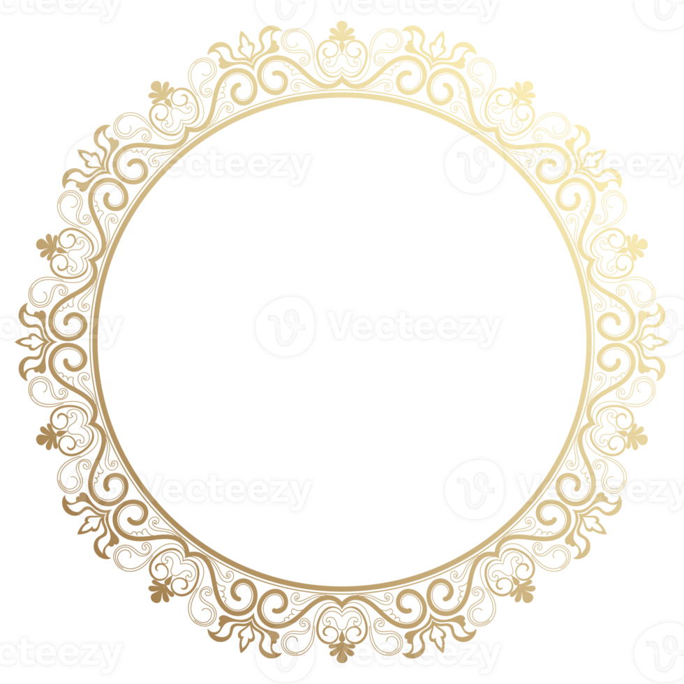 A luxurious floral frame in a circular shape, blending vintage abstract patterns with a gradient gold border for an opulent look. png