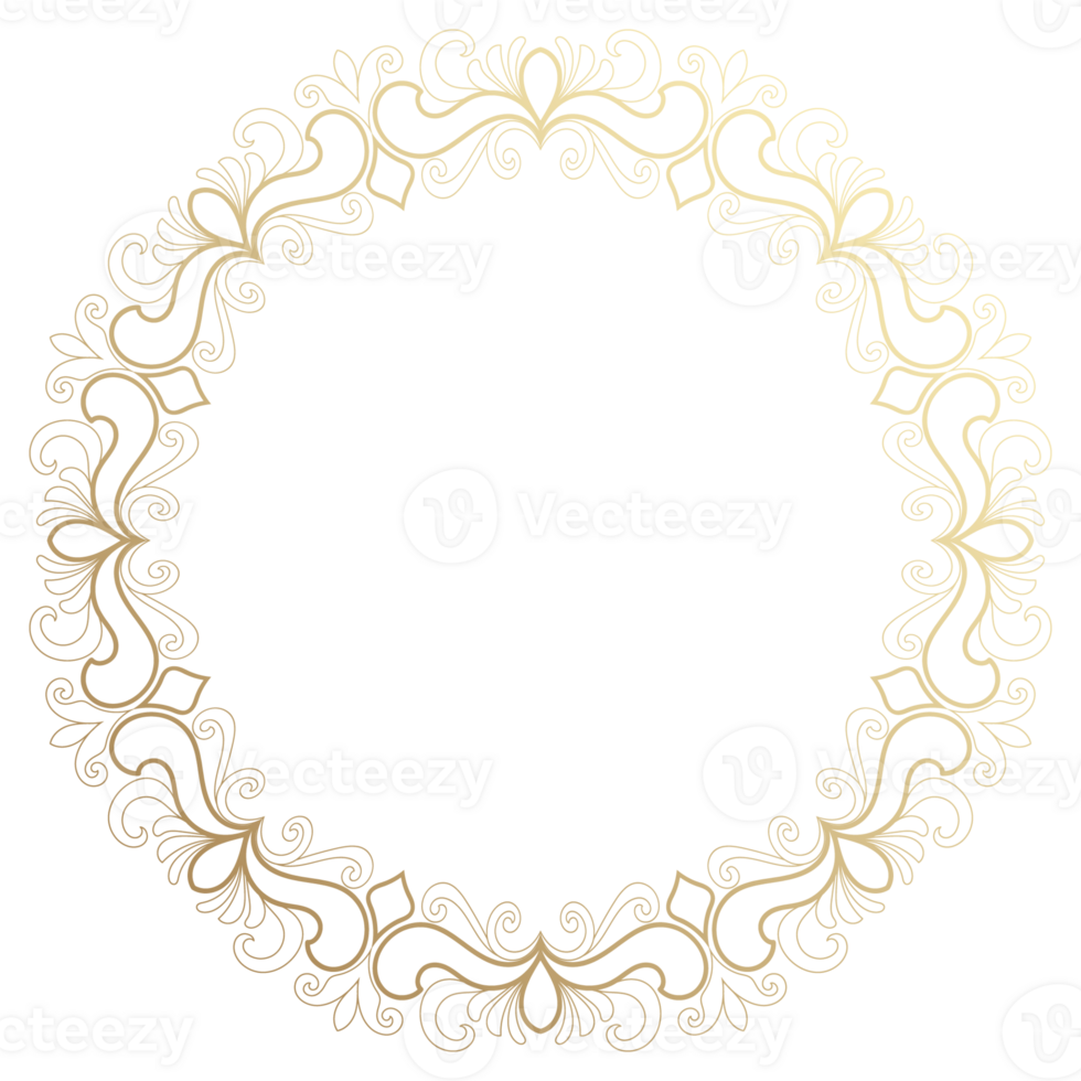 A circular frame with abstract vintage golden floral patterns, featuring luxurious flowers and a gradient gold border. png