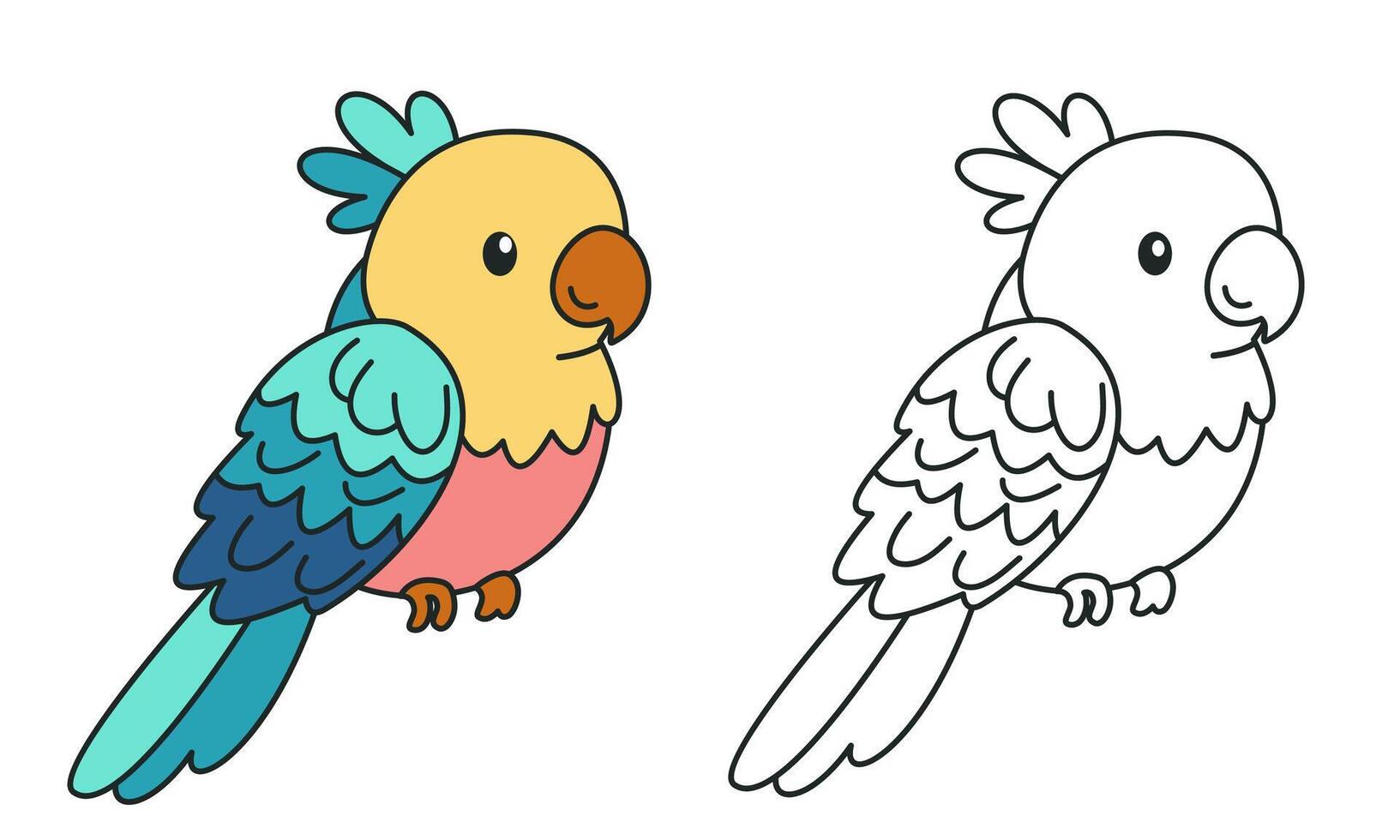 Flat illustration for children's coloring book. Cute parrot in black and white and color version. Wild animals of safari and Africa vector