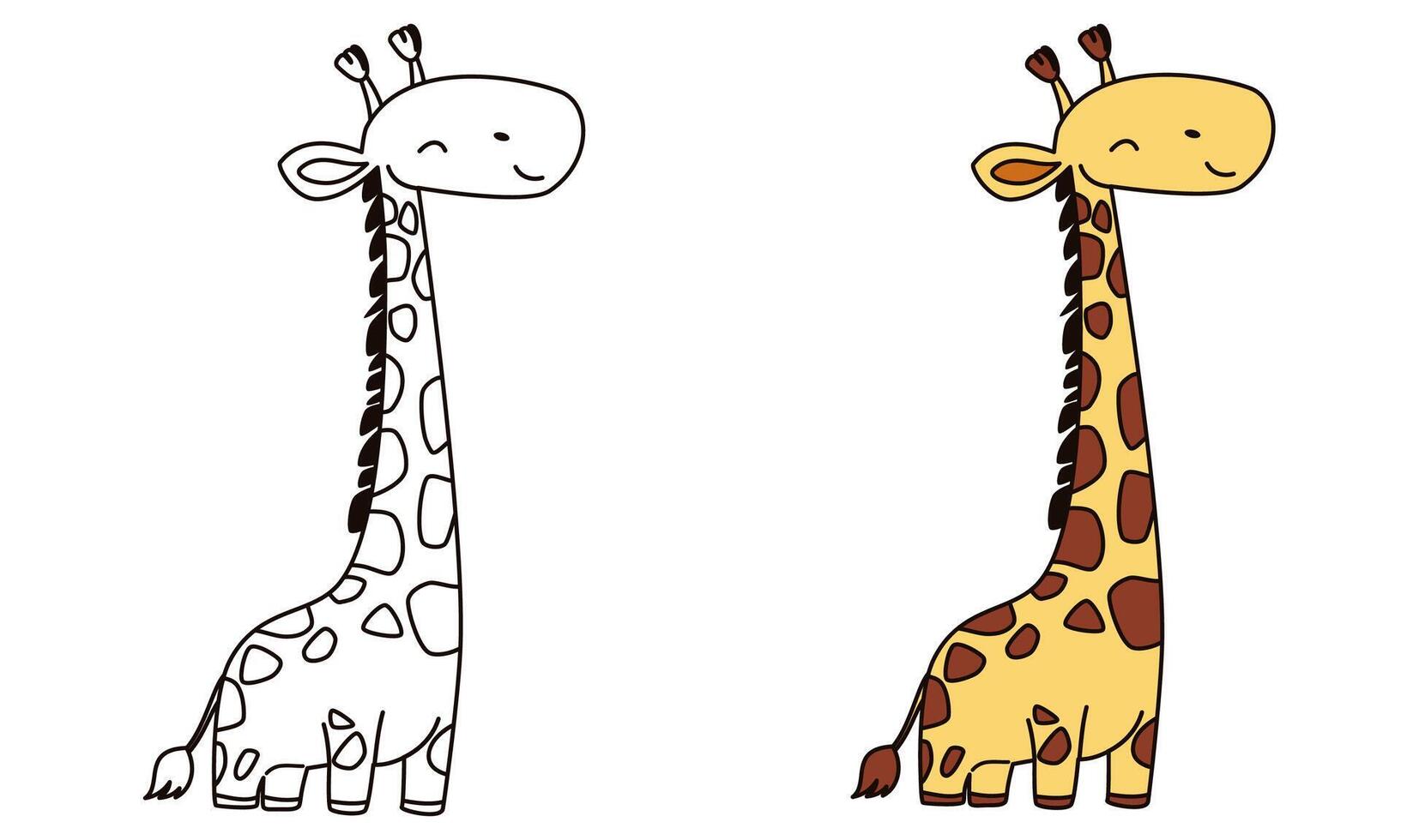 Flat illustration for children's coloring book. Cute giraffe in black and white and color. Wild animals of safari and Africa vector