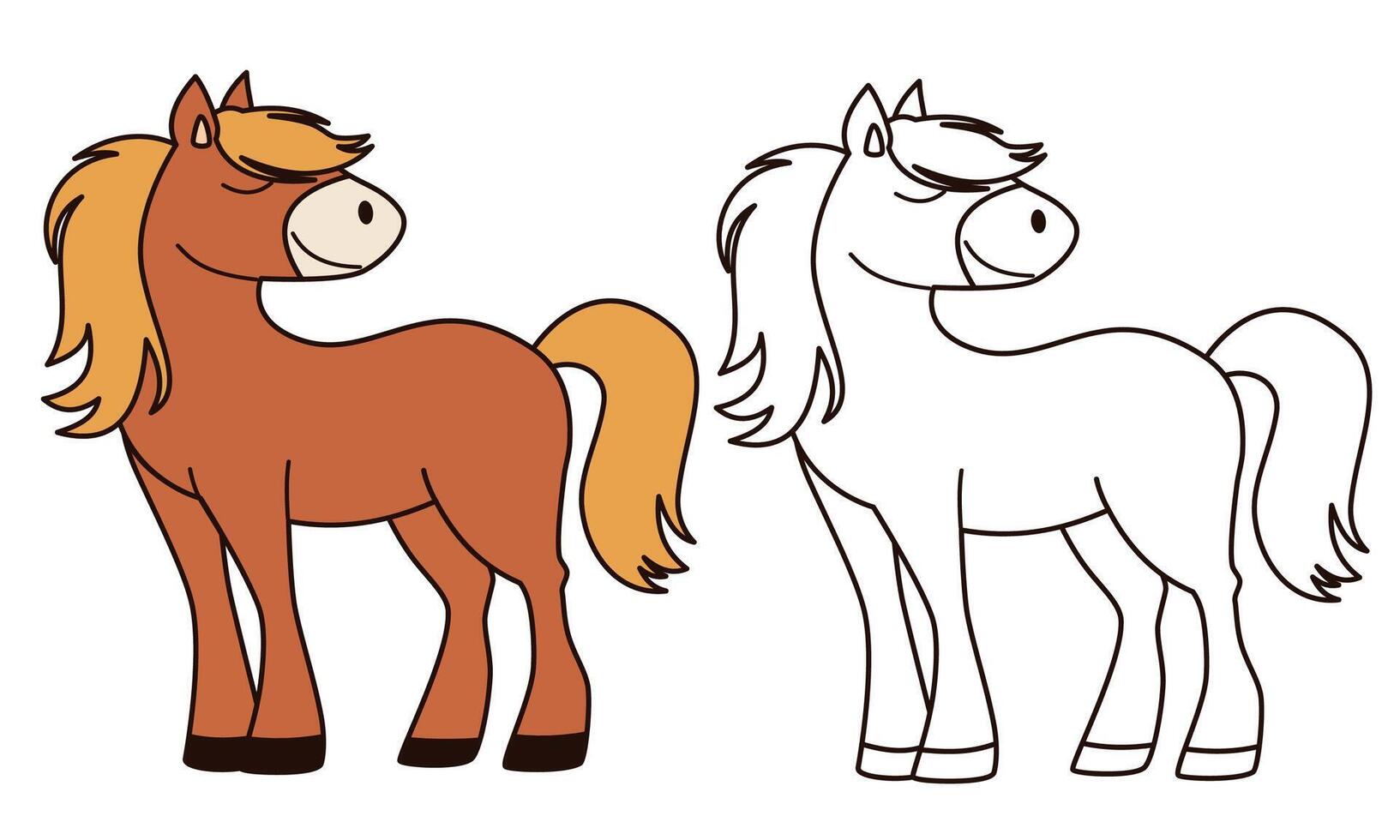 Flat illustration for children's coloring book. Cute horse in black and white and color version. Farm pets vector