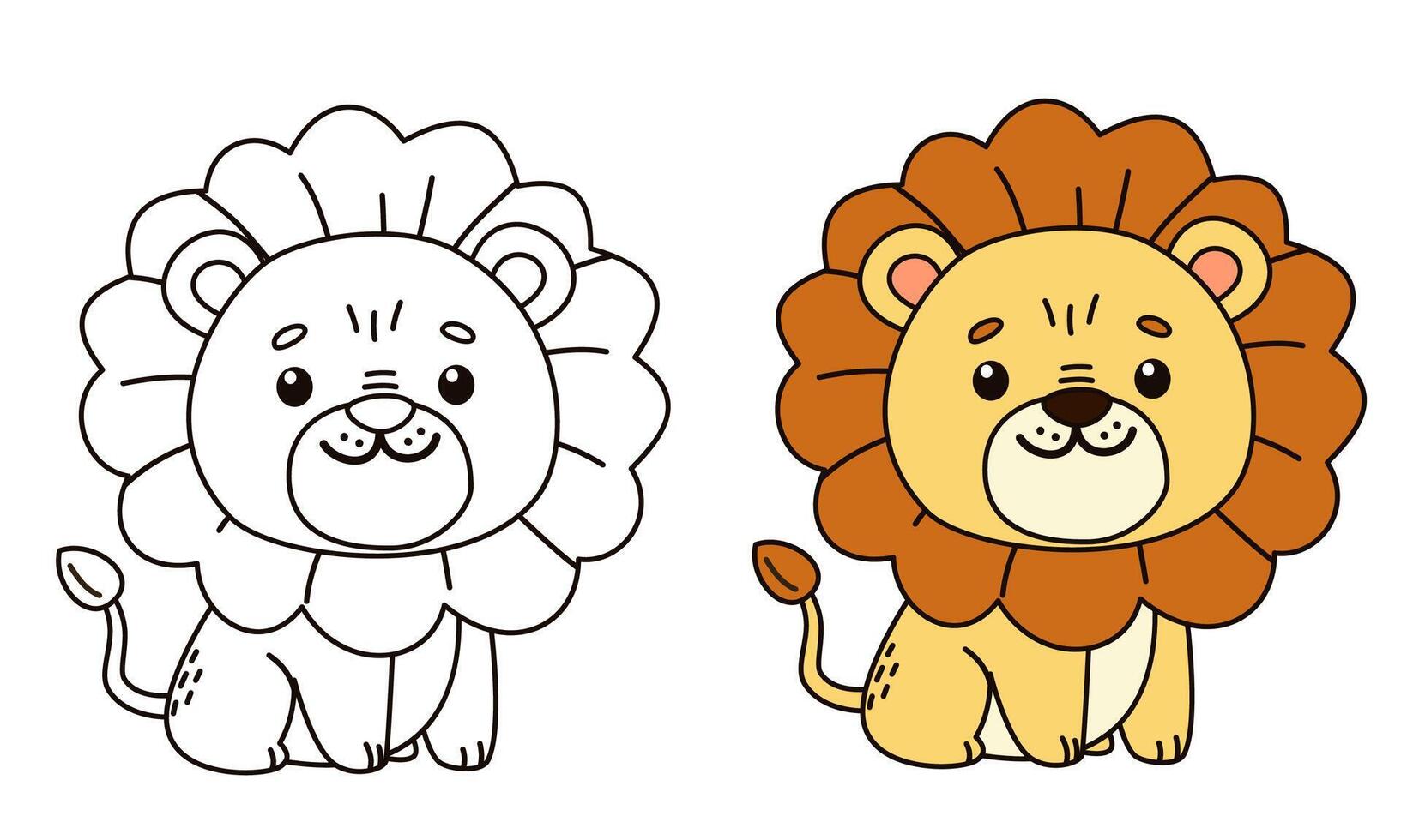Flat illustration for children's coloring book. Cute lion in black and white and color version. Wild animals of safari and Africa vector