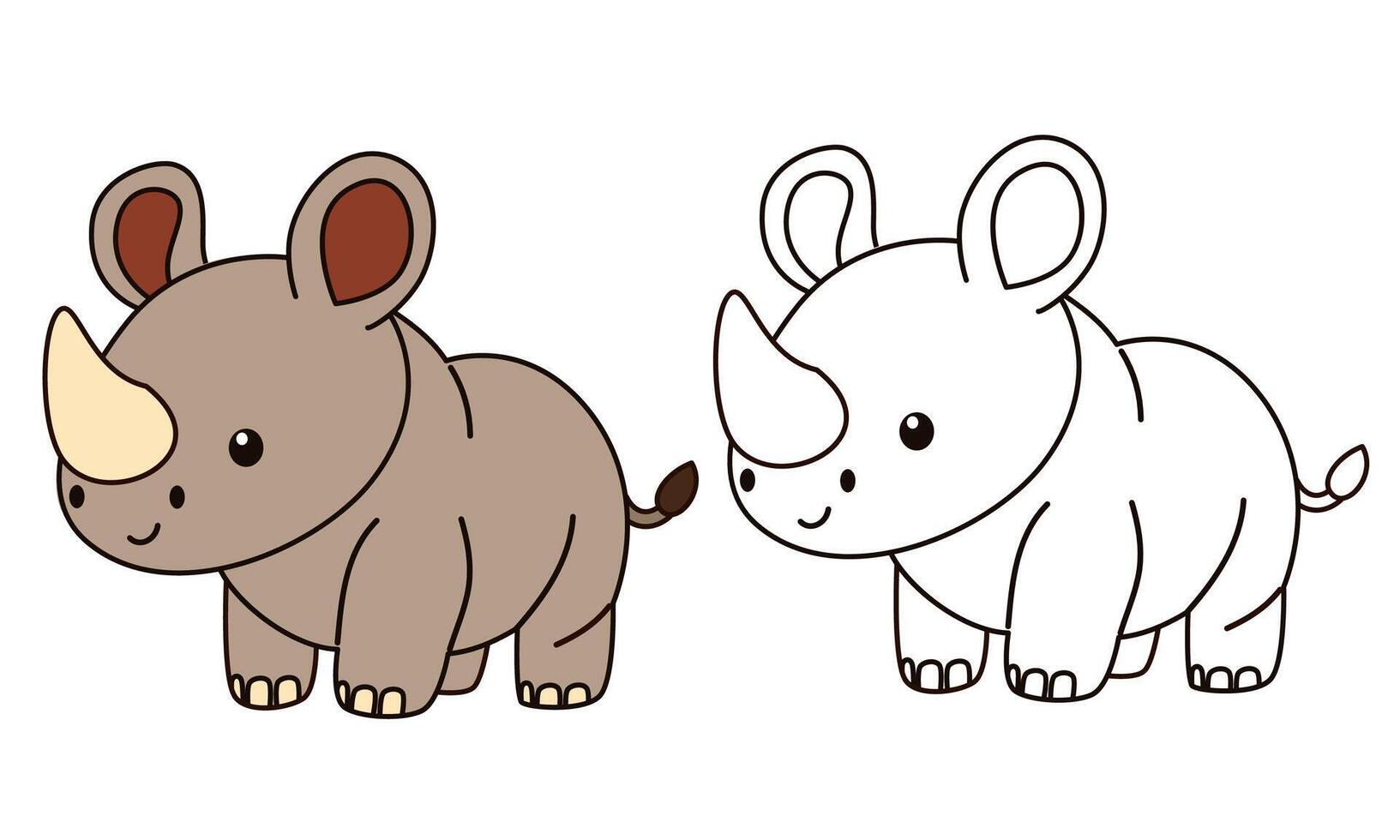Flat illustration for children's coloring book. Cute rhino in black and white and color version. Wild animals of safari and Africa vector
