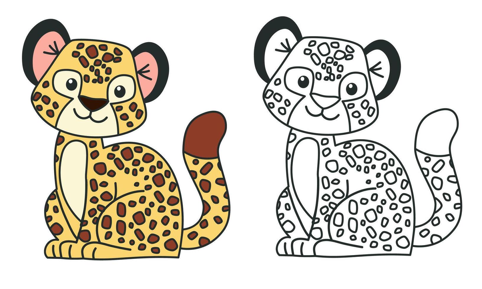 Flat illustration for children's coloring book. Cute leopard in black and white and color version. Safari and jungle animals vector