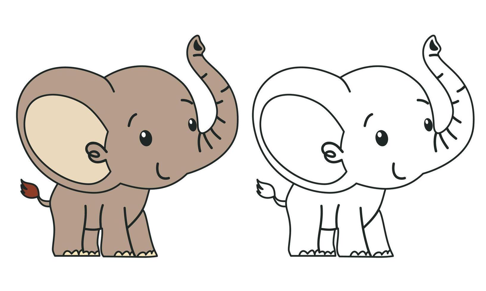 Flat illustration for children's coloring book. Cute elephant in black and white and color version. Wild animals of safari and Africa vector