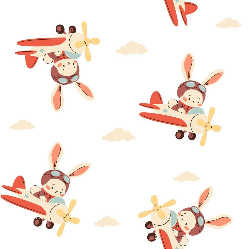 Seamless pattern in a simple childish style. Cute bunny flying on airplane among clouds on white background vector