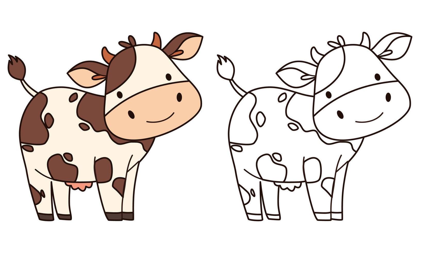 Flat illustration for children's coloring book. Cute cow in black and white and color version. Farm pets vector