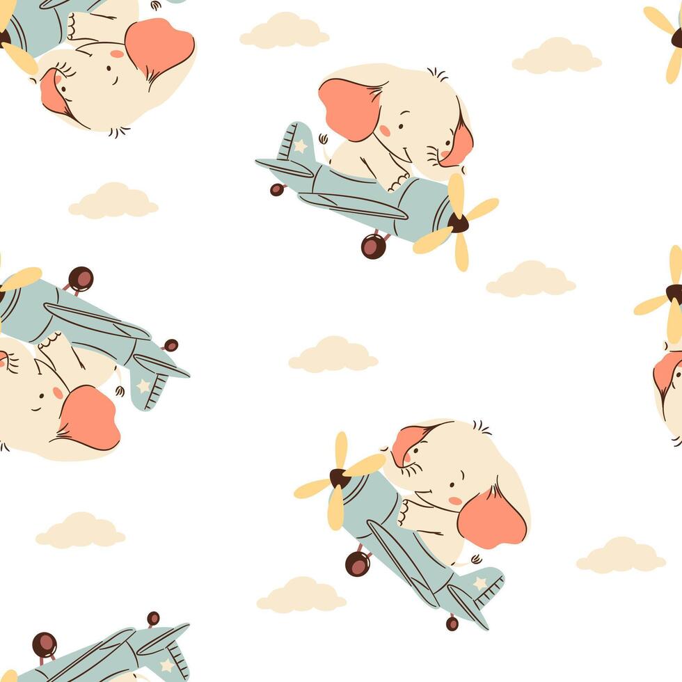 Seamless pattern in a simple childish style. Cute elephant flying on airplane among clouds on white background vector