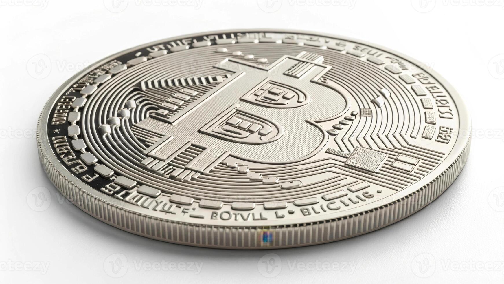 silver coin with digital circuit patterns represents cryptocurrency, symbolizing modern finance and technology photo