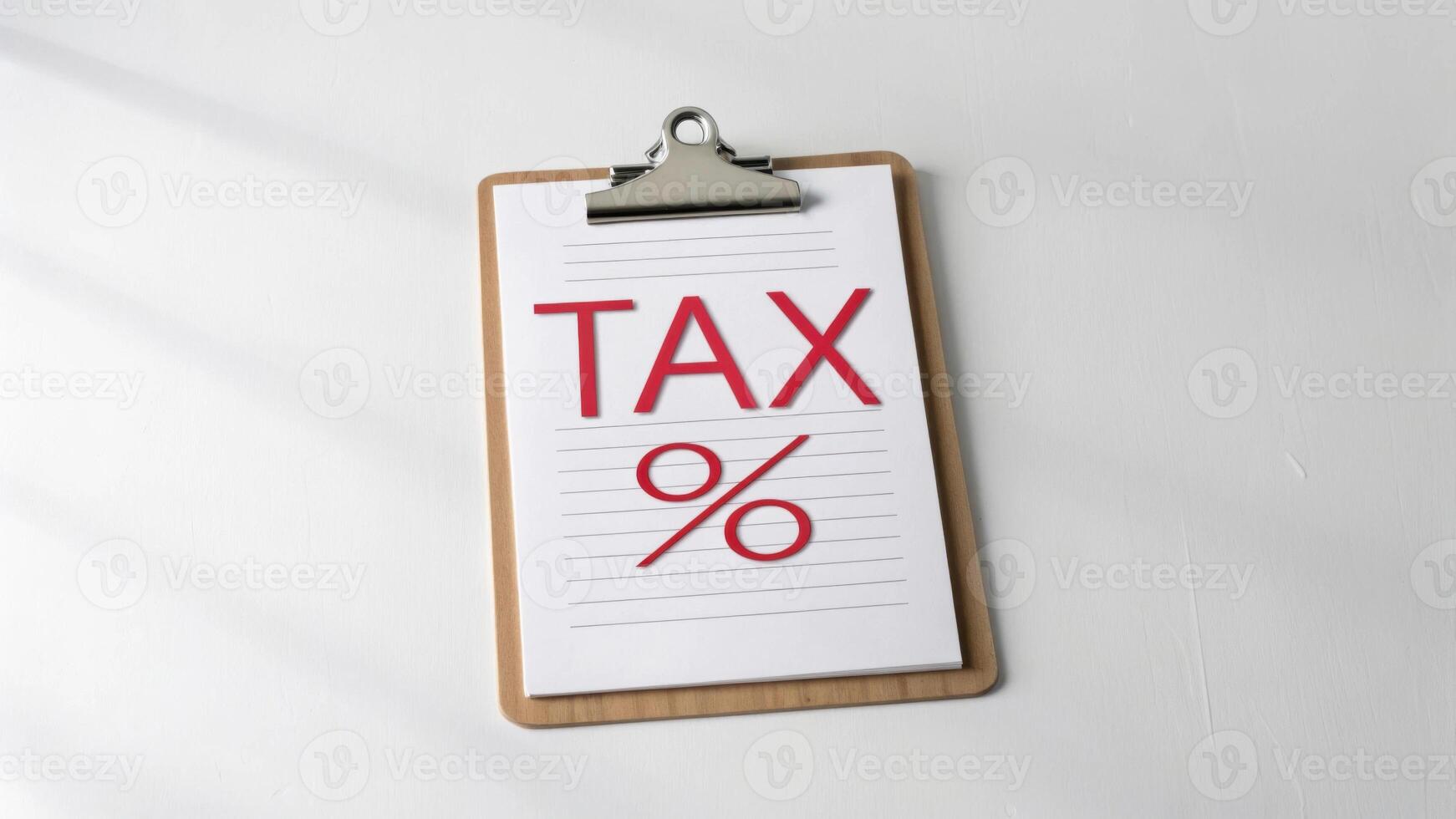 clipboard with TAX written on it in bold red letters and percentage symbol below, placed on white surface photo