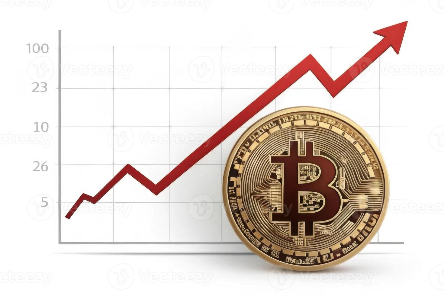 Bitcoin coin is placed front of rising graph, symbolizing growth and increasing value cryptocurrency markets. upward trend line suggests positive financial performance and investment potential photo