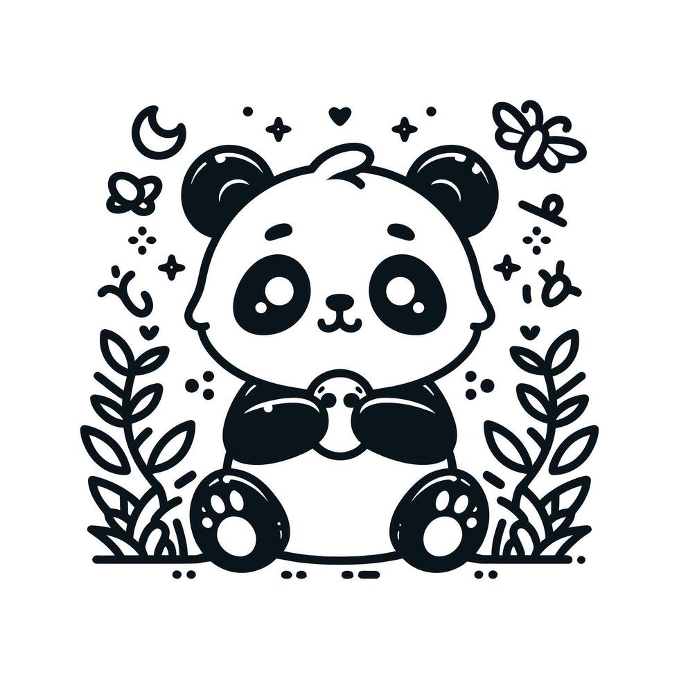 a panda bear sitting in the grass with flowers and butterflies vector
