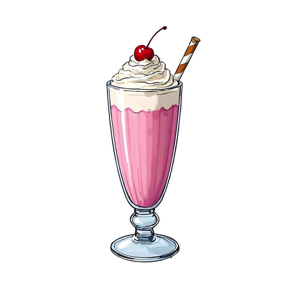 A pink milkshake with whipped cream and cherry on top png