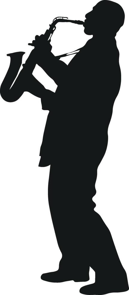 Silhouette of Men Playing Saxophone on White Background. vector