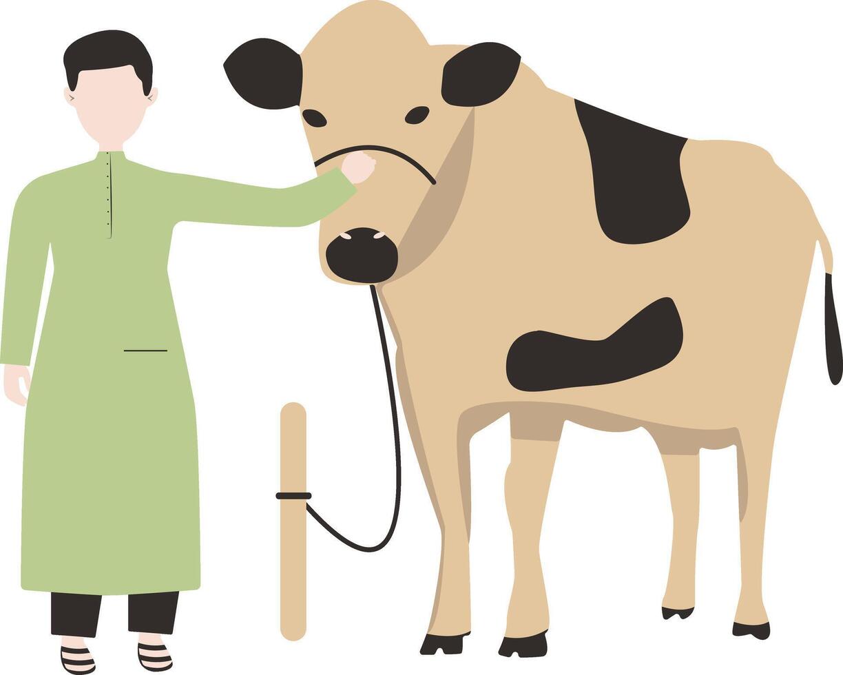 Muslim Man Eid Al adha Character with Sacrifice Cow. Flat Cartoon Illustration. vector