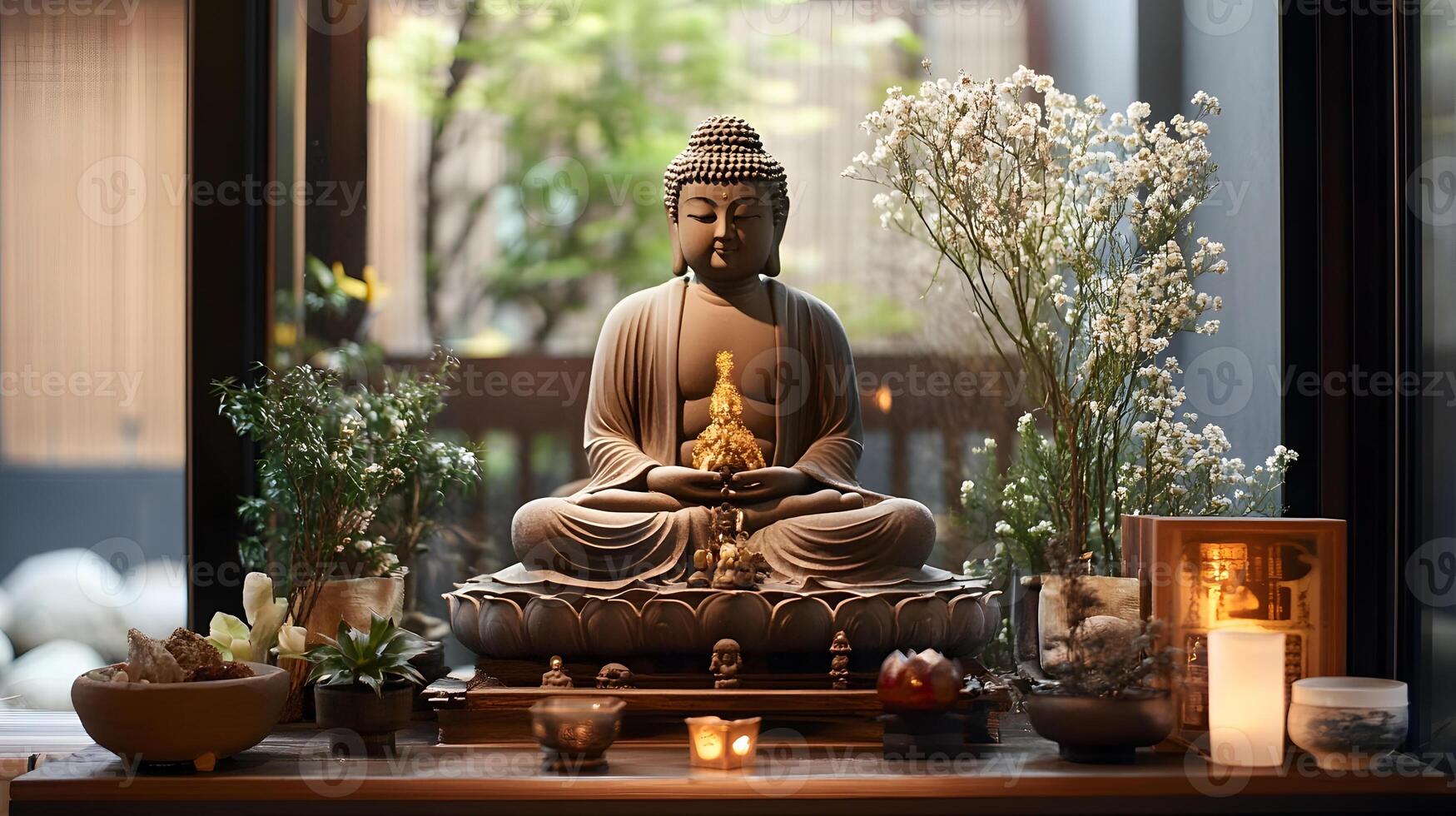 A buddha statue sits on a table with candles and flowers photo