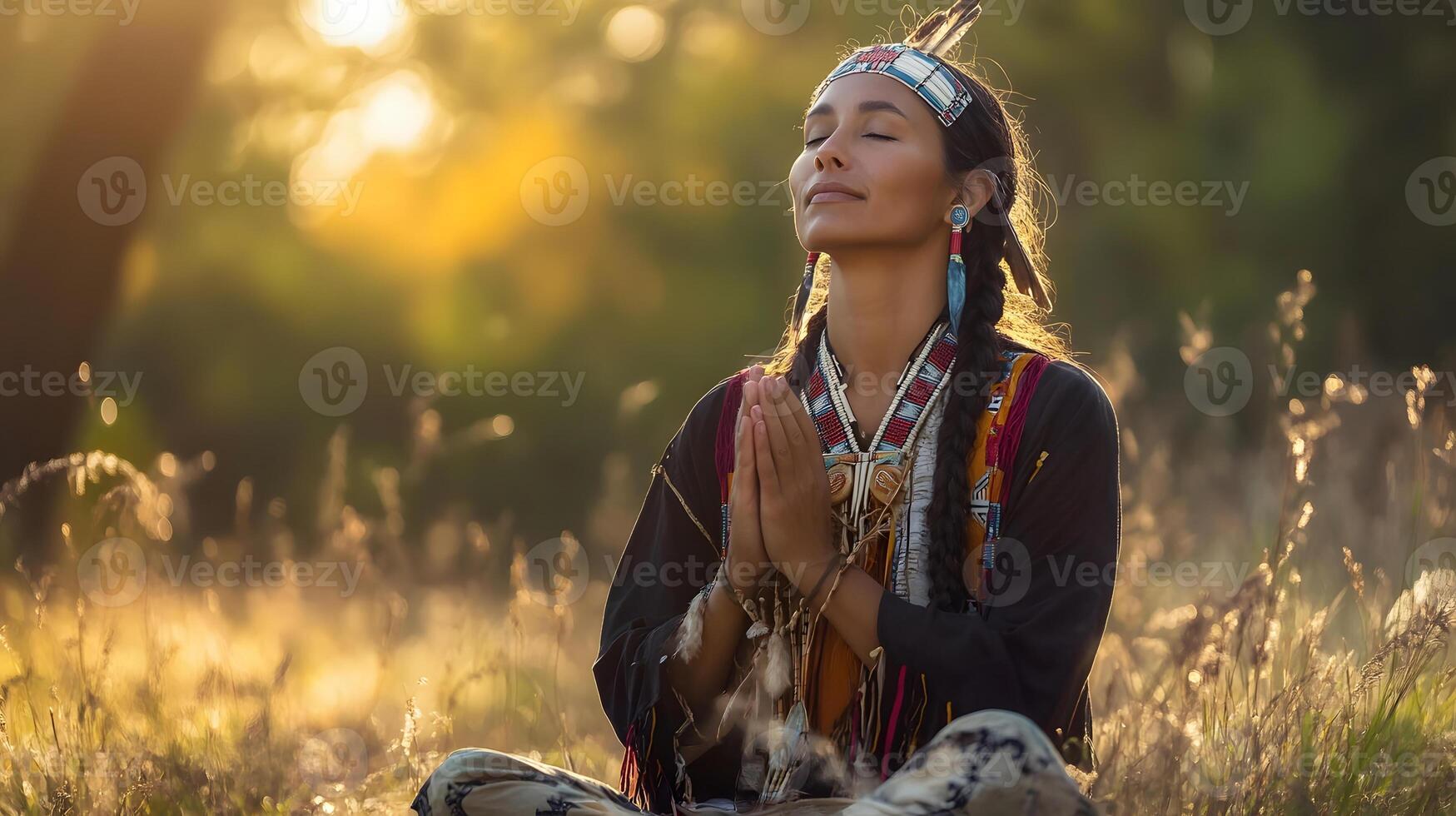 A woman in native american clothing meditating in the grass photo