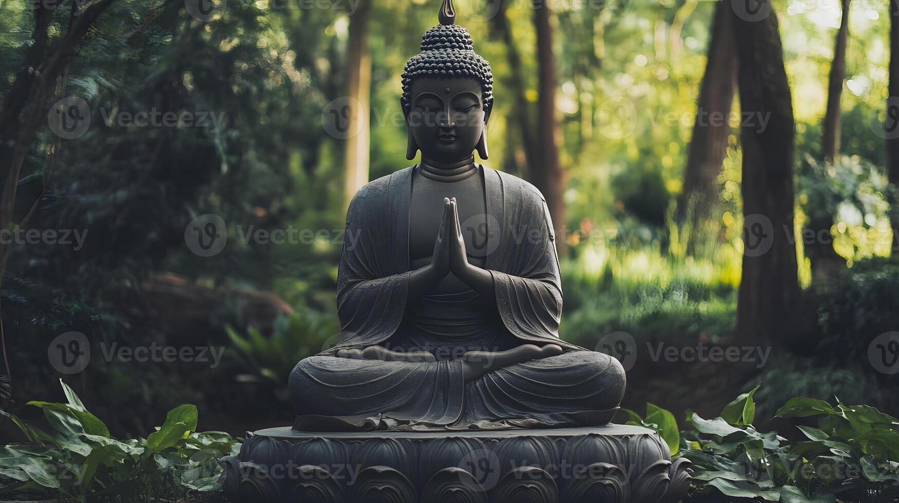 A statue of buddha sitting in the middle of a forest photo
