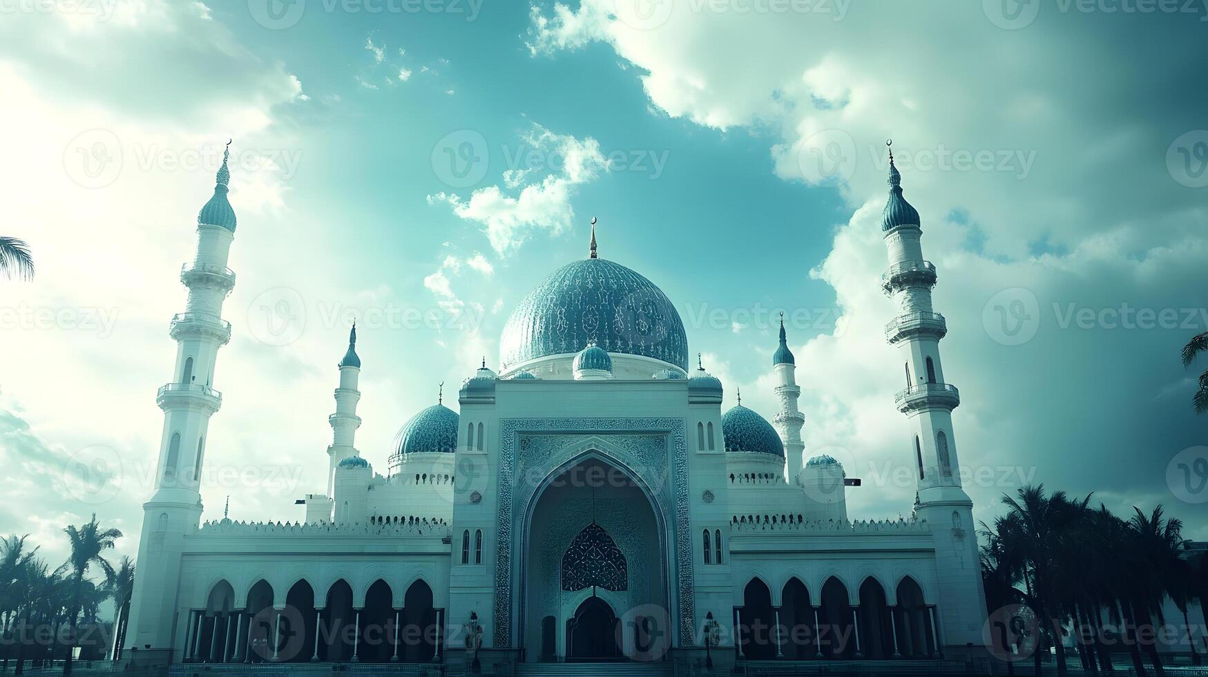 A white mosque with blue domes and a blue sky photo