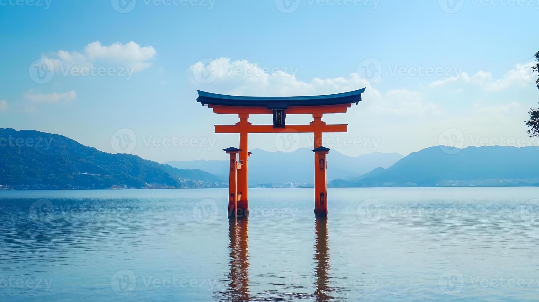 A tori tori gate in the middle of a lake photo