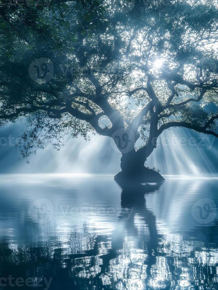 A tree is reflected in the water with sunlight shining through photo