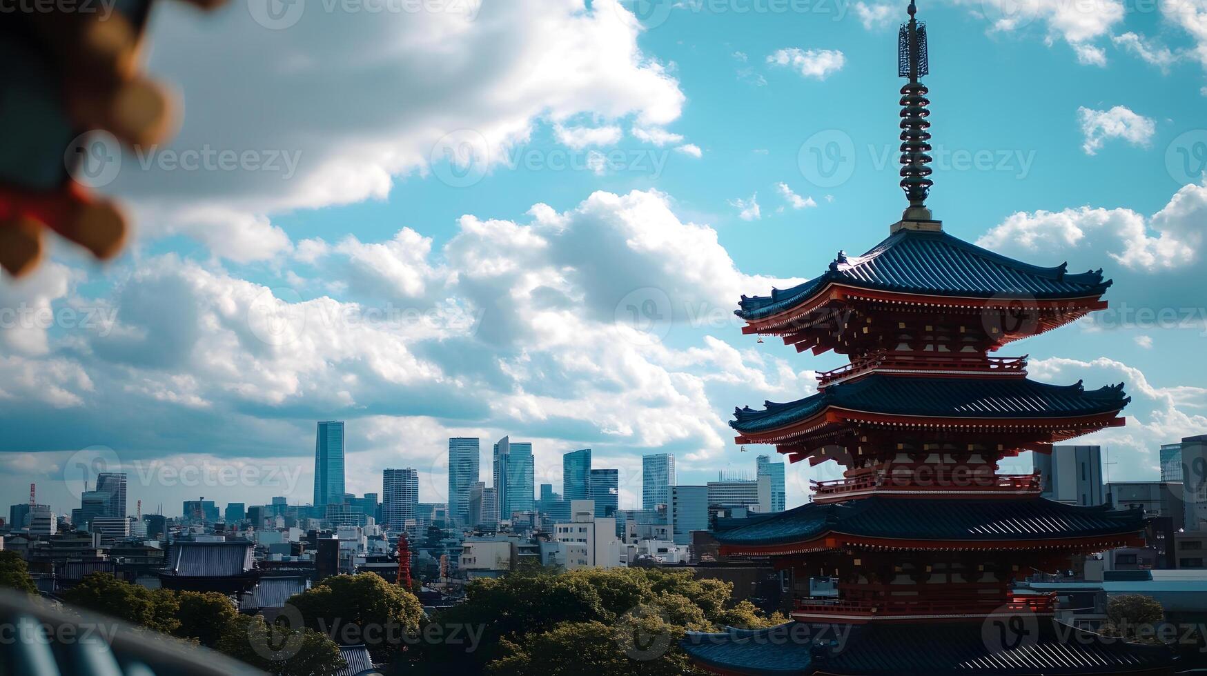A pagoda stands in front of a city skyline photo
