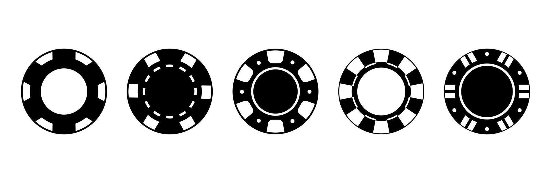 Poker chips icons set. Casino poker chip symbol. Gamble graphic elements collection. Gambling coins, tokens with card signs, poker chips. vector
