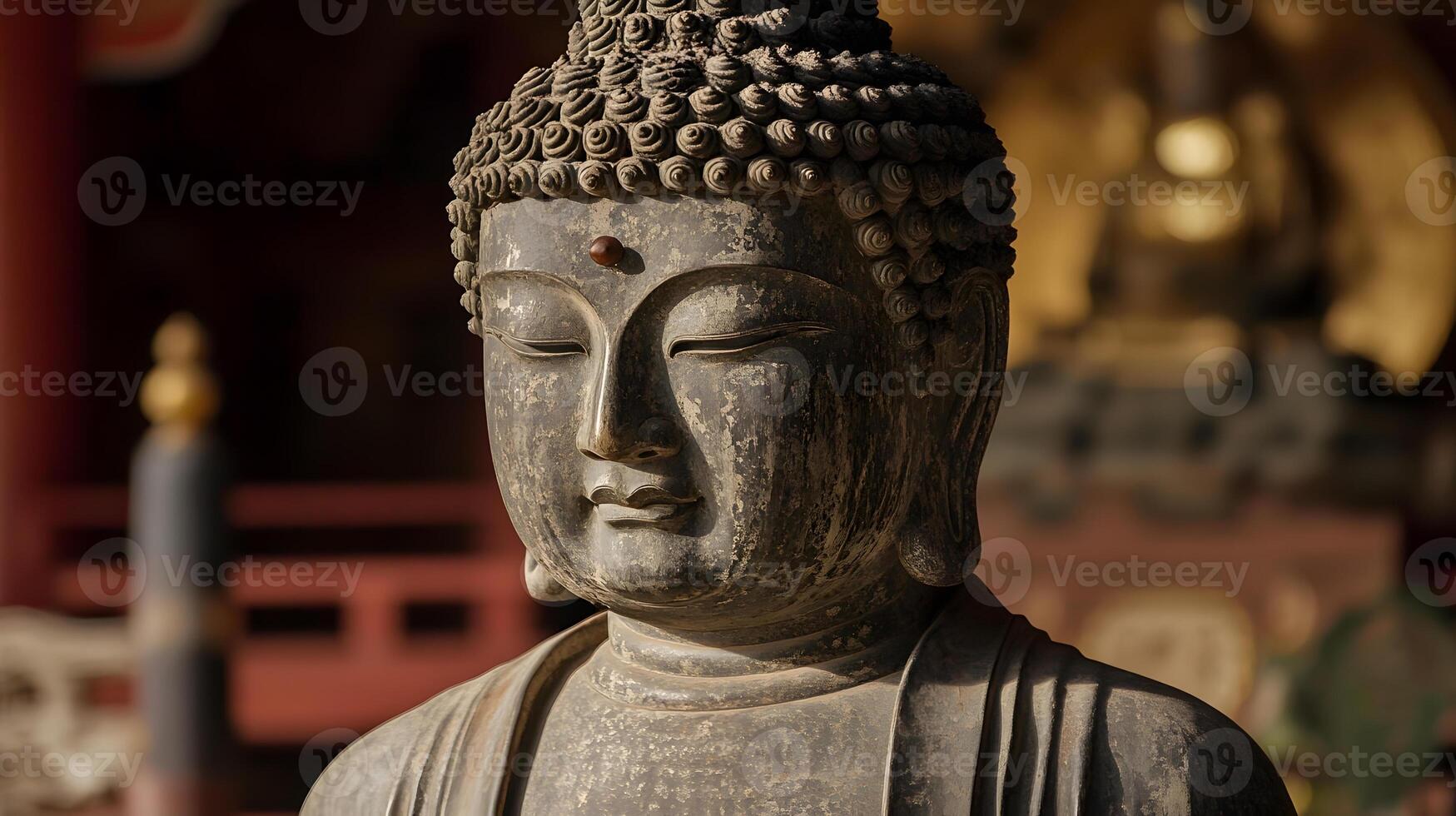 A buddha statue is shown in front of a building photo