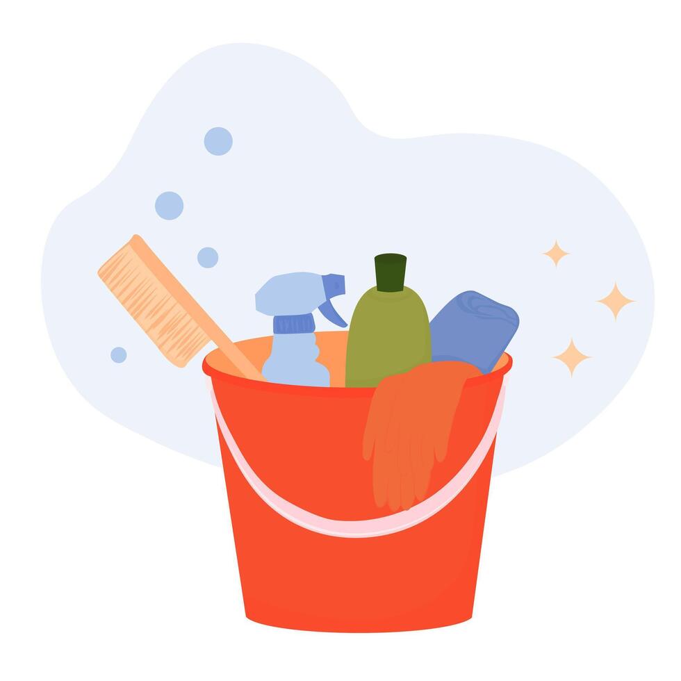 Brushes, bottles with cleaning liquids, sponges, rag and yellow rubber gloves in a plastic bucket. Cleaner for cleaning the room. vector