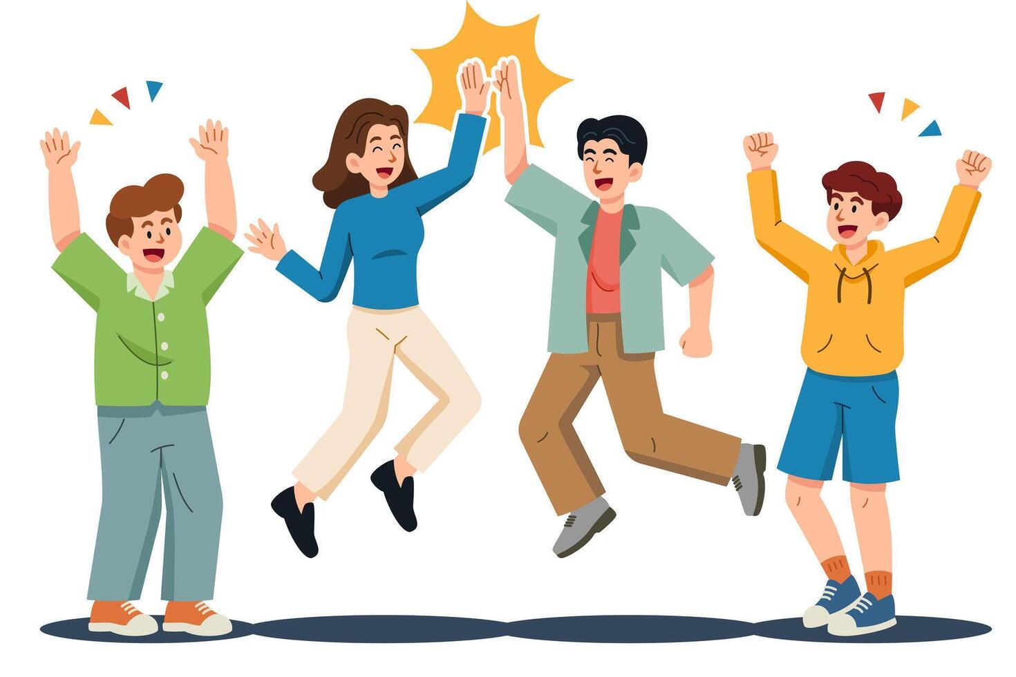 A group of male and female friends jumped to High five touch each other hand and raised their hands vector