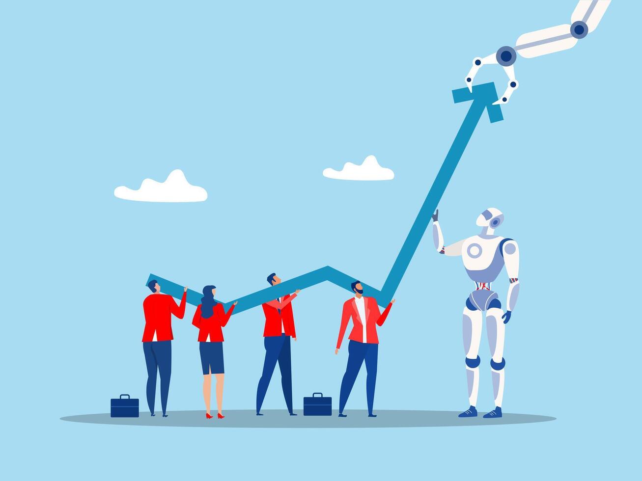 Team Business and robot or ai Artificial Intelligence help grow rising arrow chart partnership to develop Growth strategy or improve work efficiency concept vector